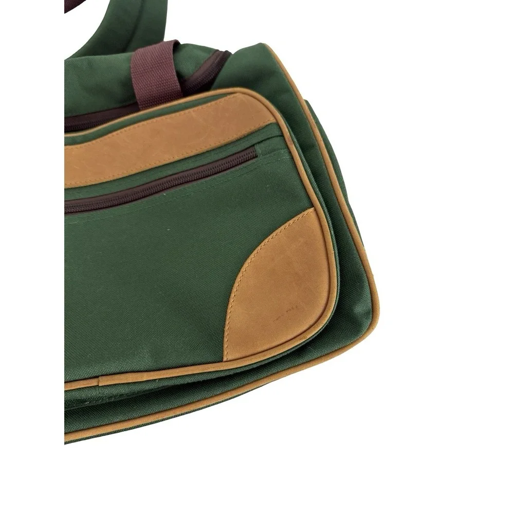 LL Bean Duffle Bag Carry On Small Green Canvas & Leather Straps Vintage